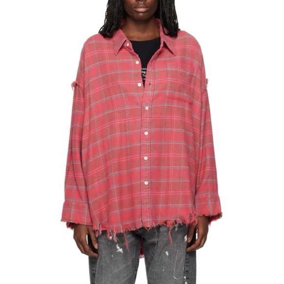 R13 Shredded Hem Drop Neck Check Cotton Shirt NWT - Picture 1 of 14
